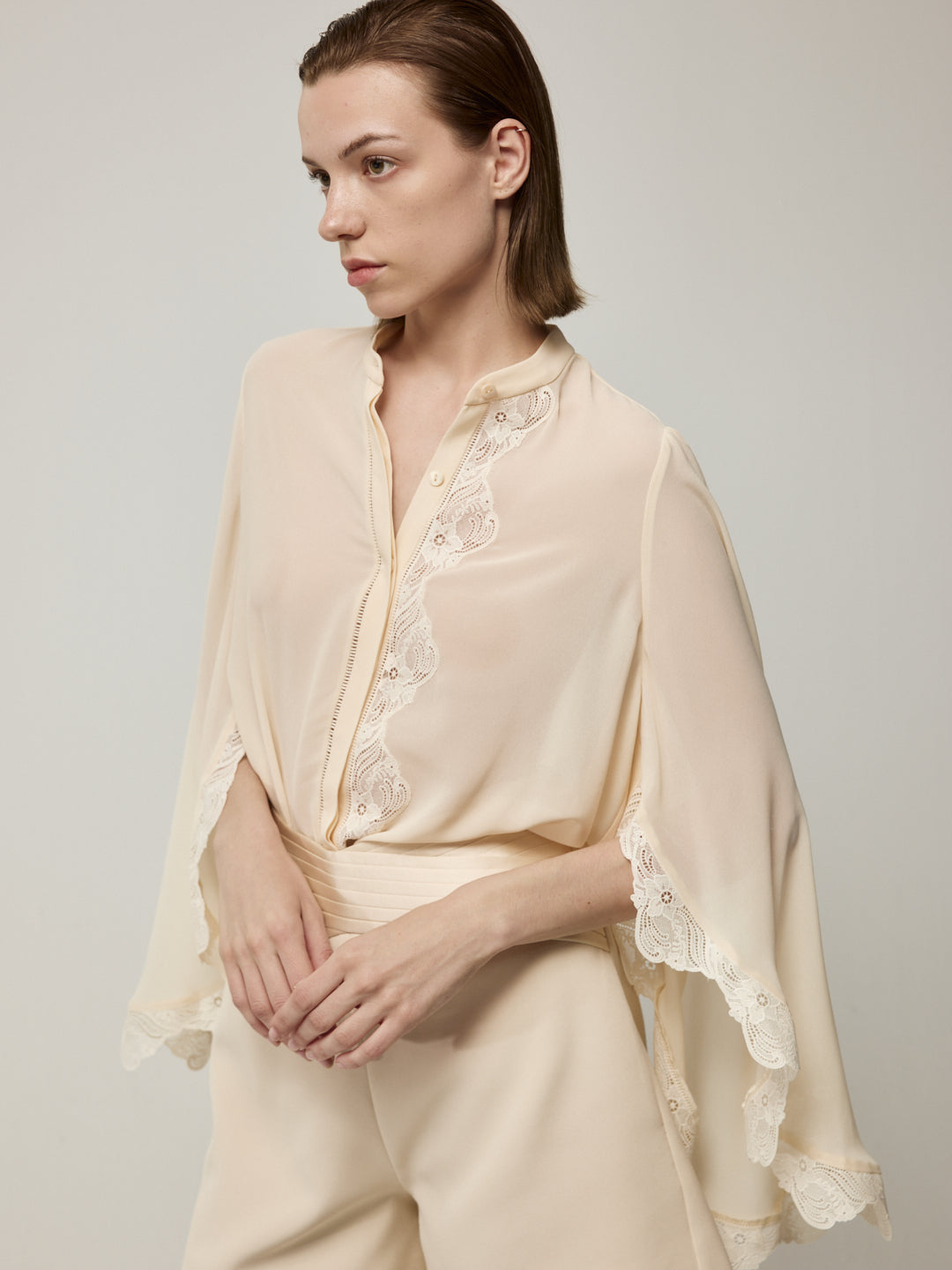 Blouse and Satin Pleated High-Waist Shorts Set