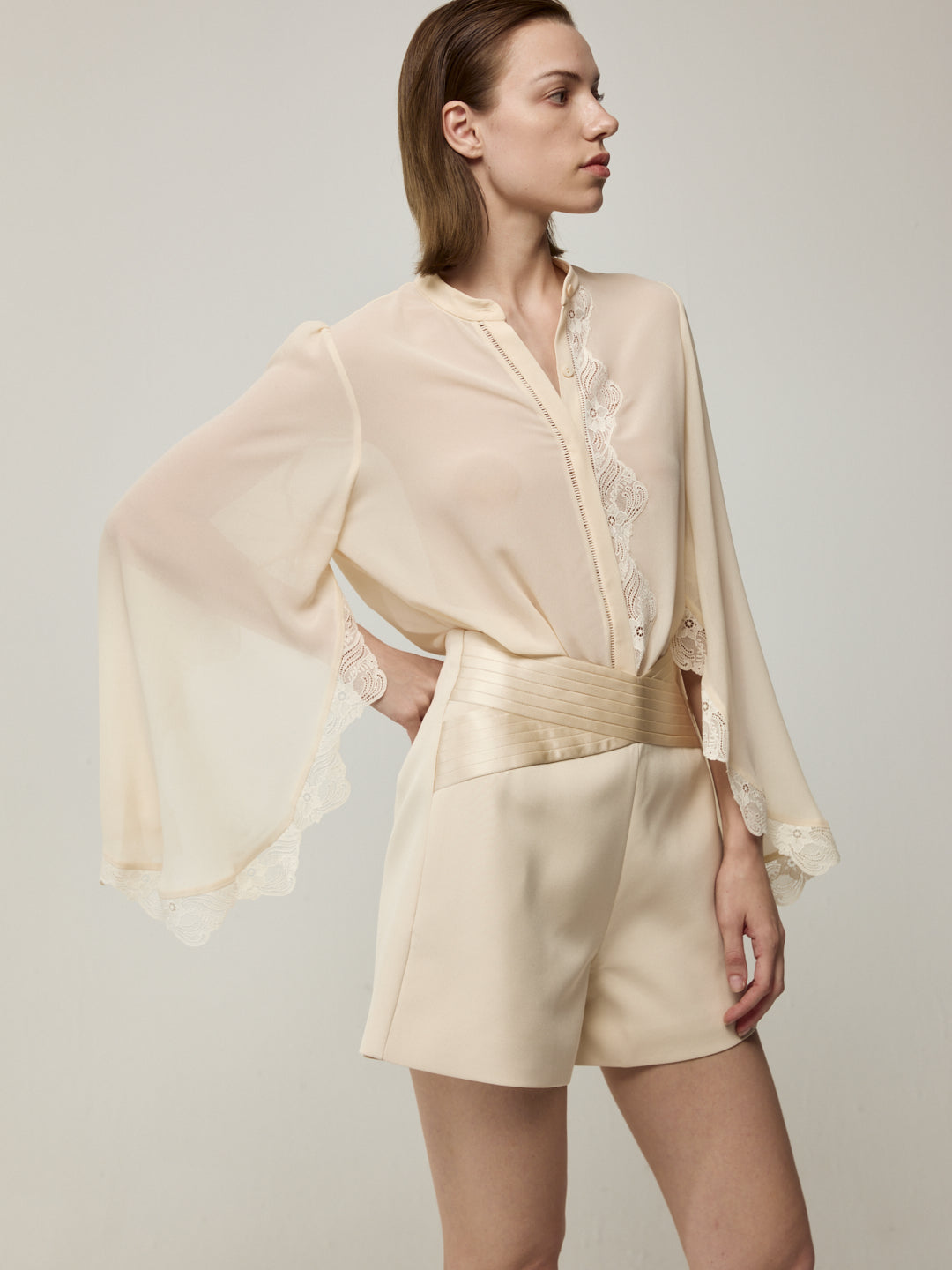 Blouse and Satin Pleated High-Waist Shorts Set
