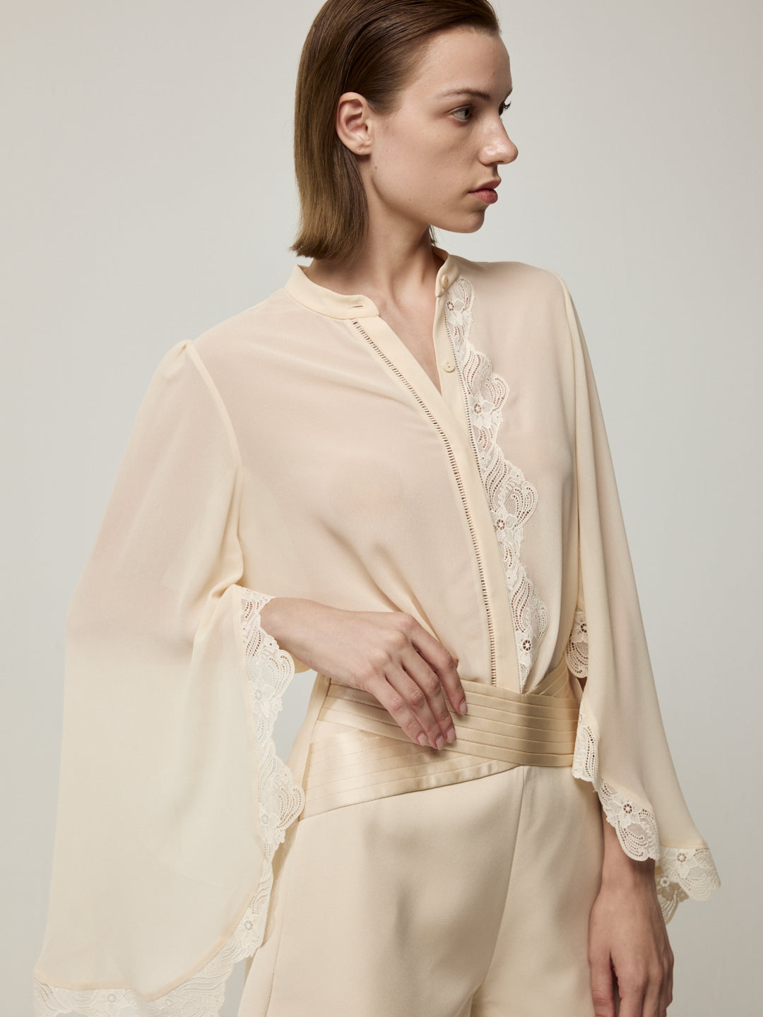 Blouse and Satin Pleated High-Waist Shorts Set