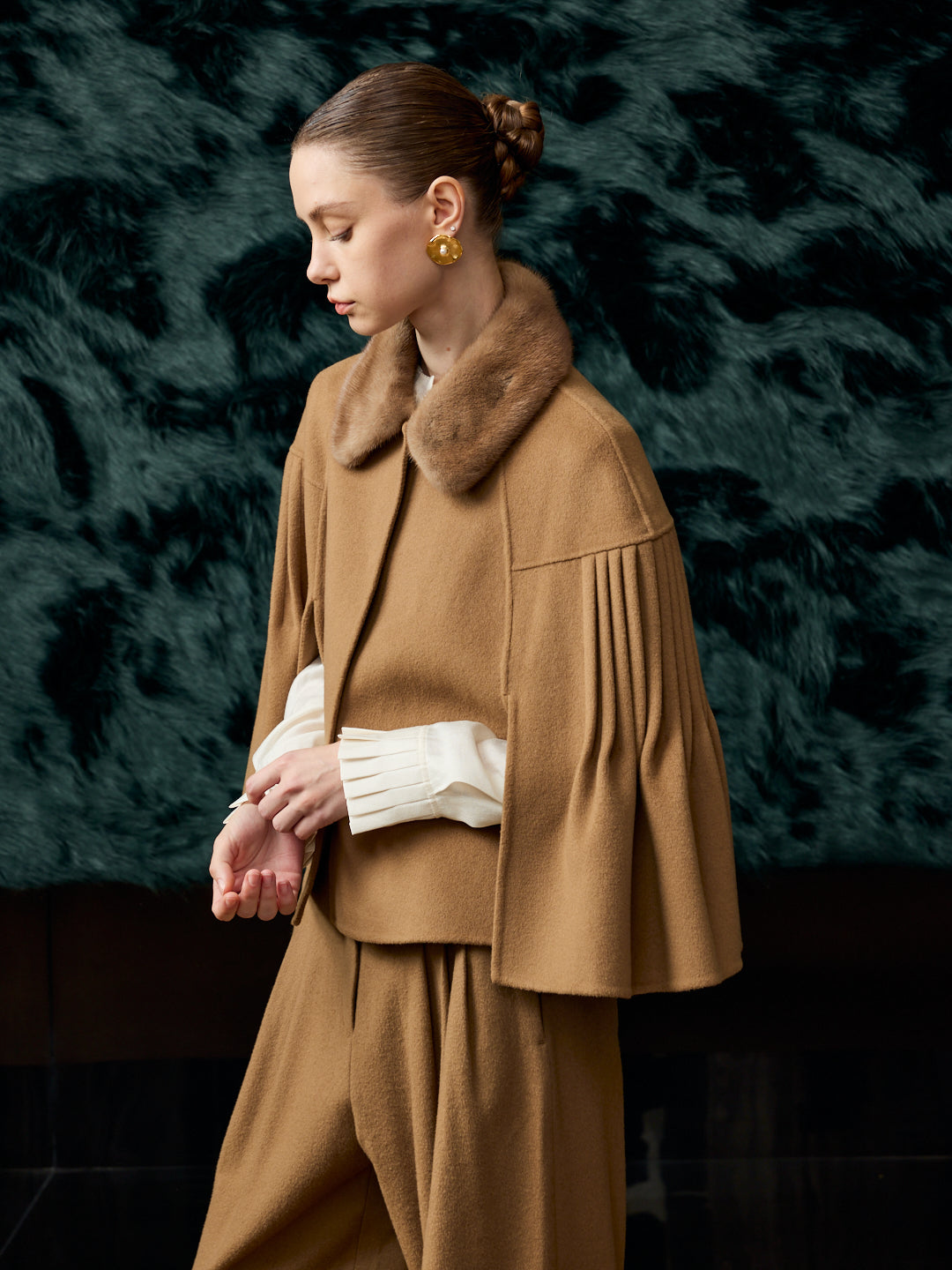 Mink fur cashmere cape khaki