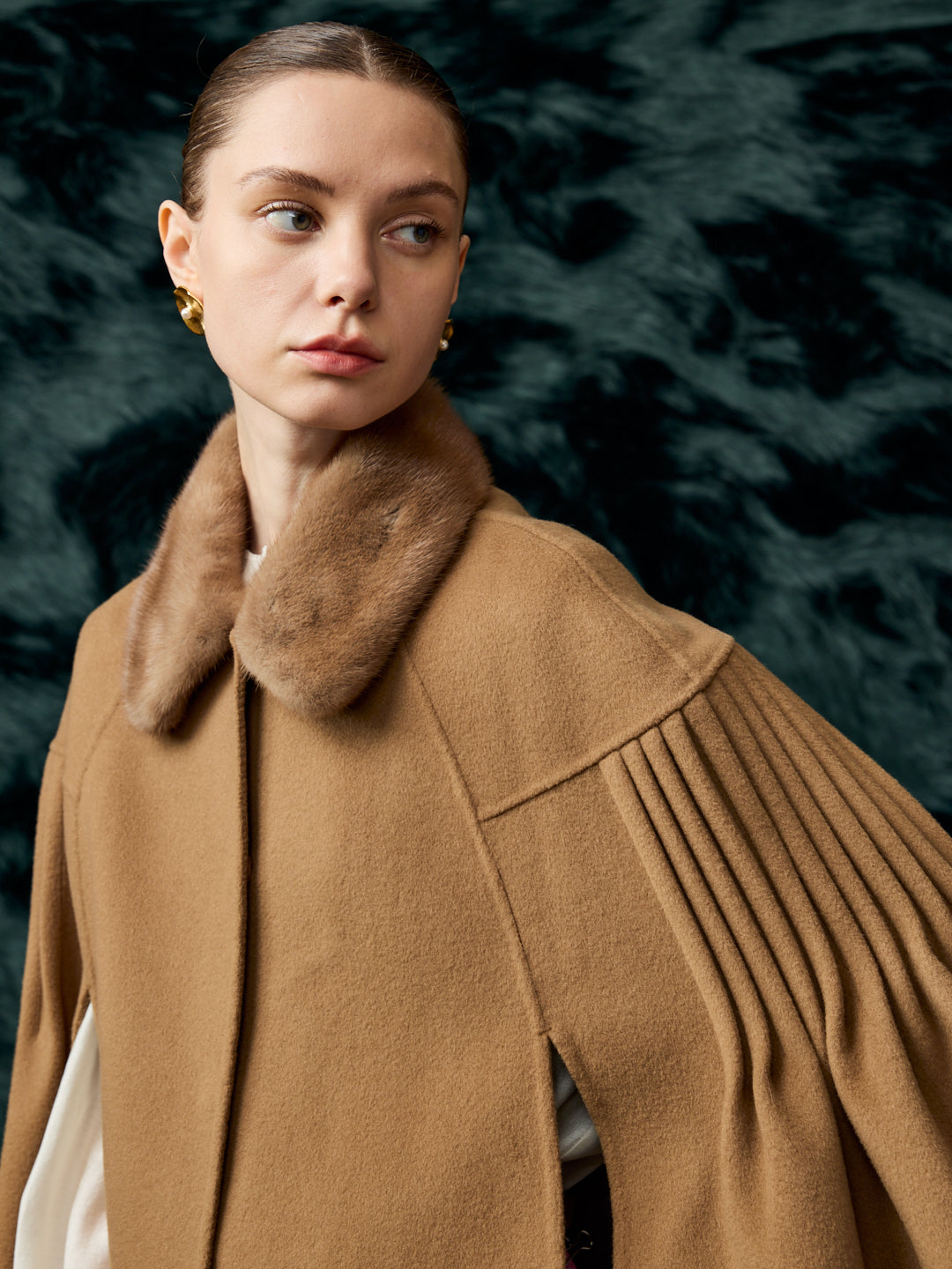 Mink fur cashmere cape khaki