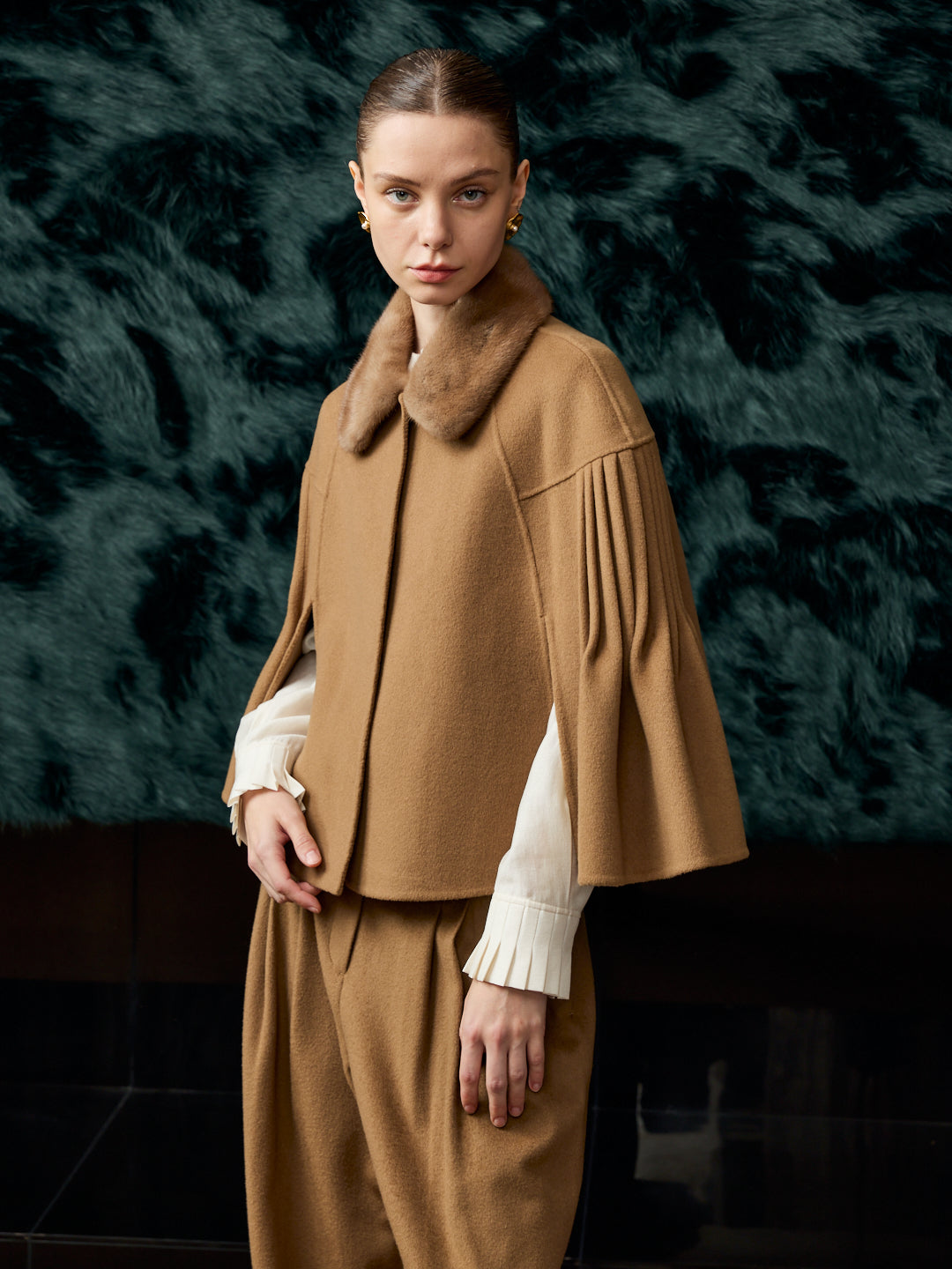 Mink fur cashmere cape khaki