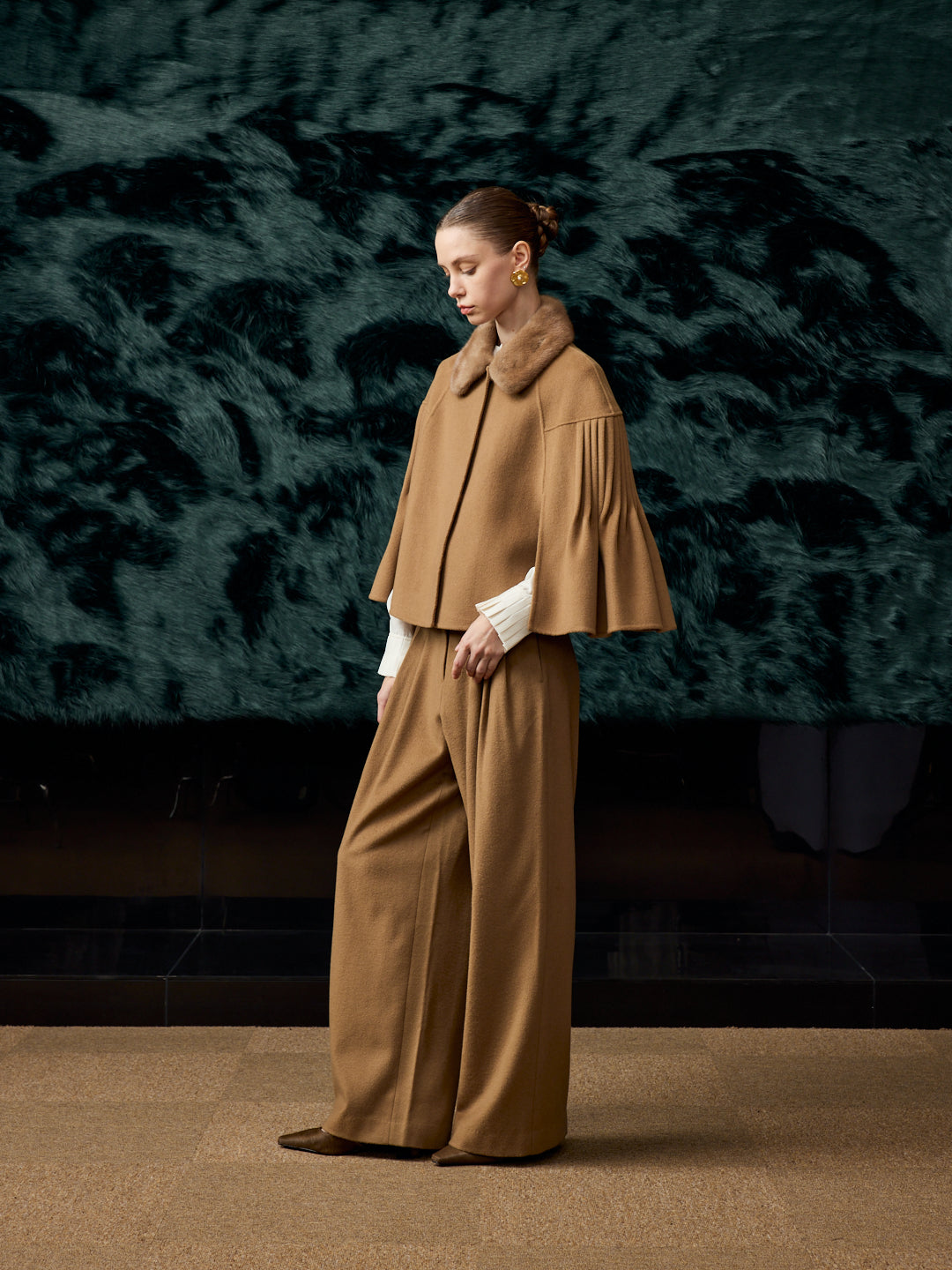 Mink fur cashmere cape khaki