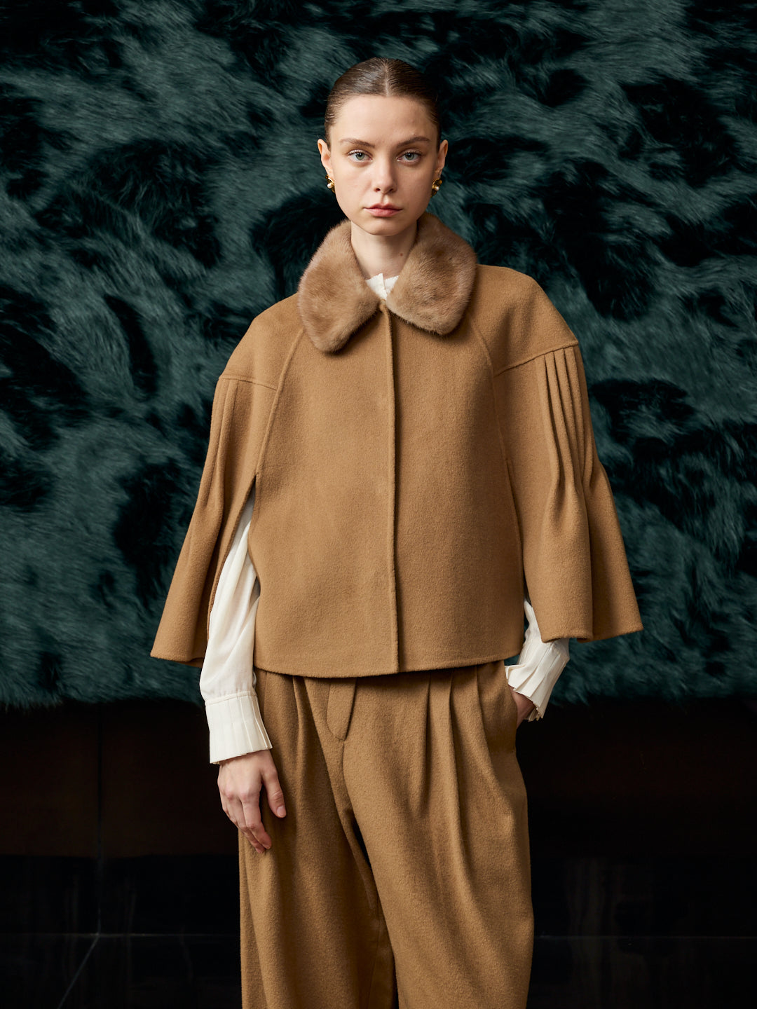 Mink fur cashmere cape khaki