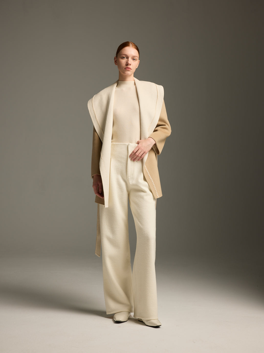 Camel & Cream Wool-Cashmere Belted Wrap Coat