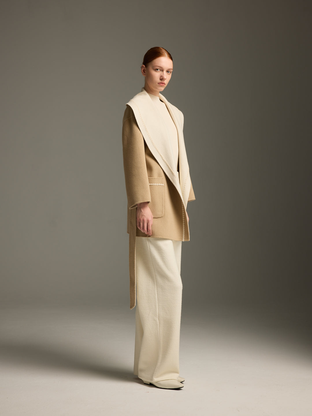 Camel & Cream Wool-Cashmere Belted Wrap Coat