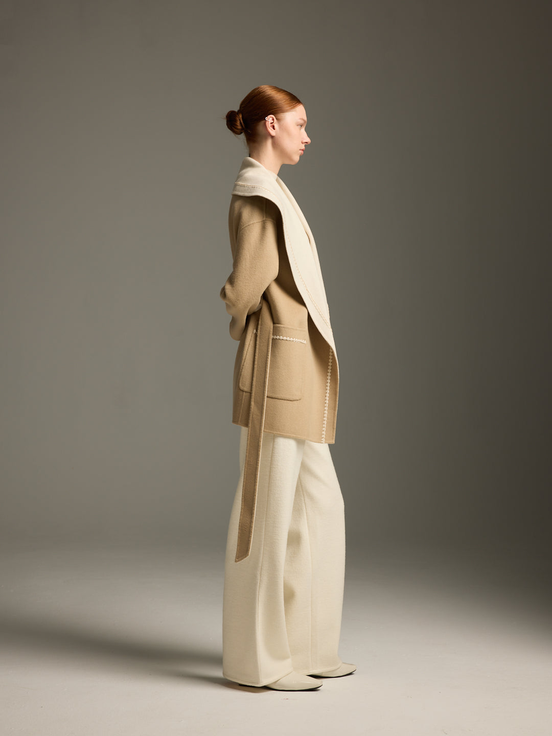 Camel & Cream Wool-Cashmere Belted Wrap Coat