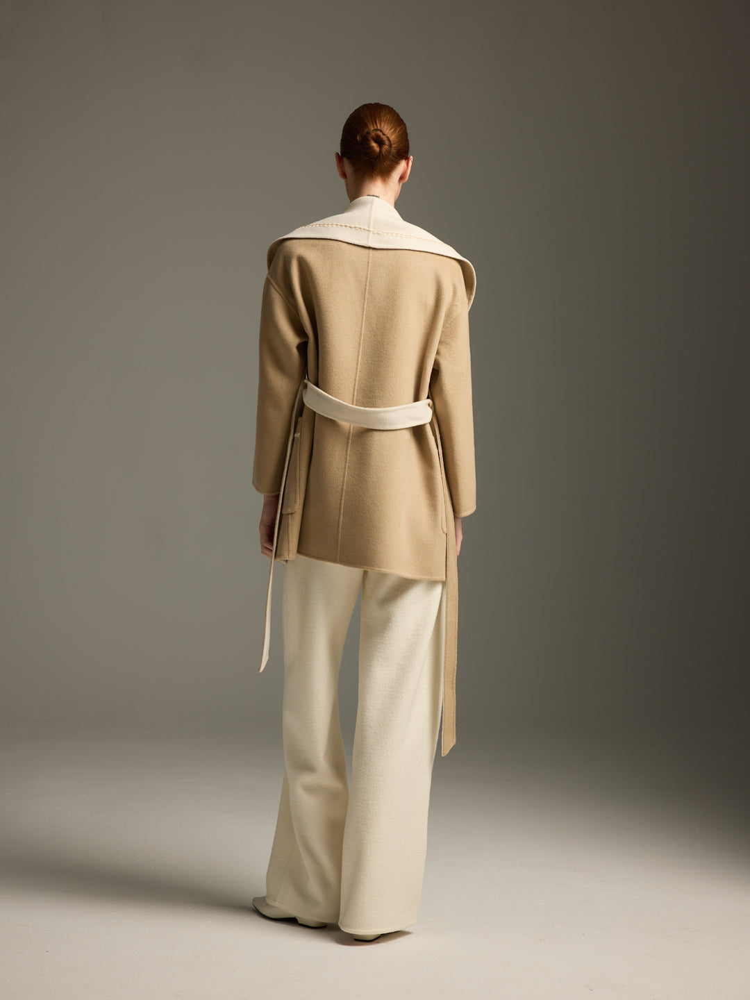 Camel & Cream Wool-Cashmere Belted Wrap Coat