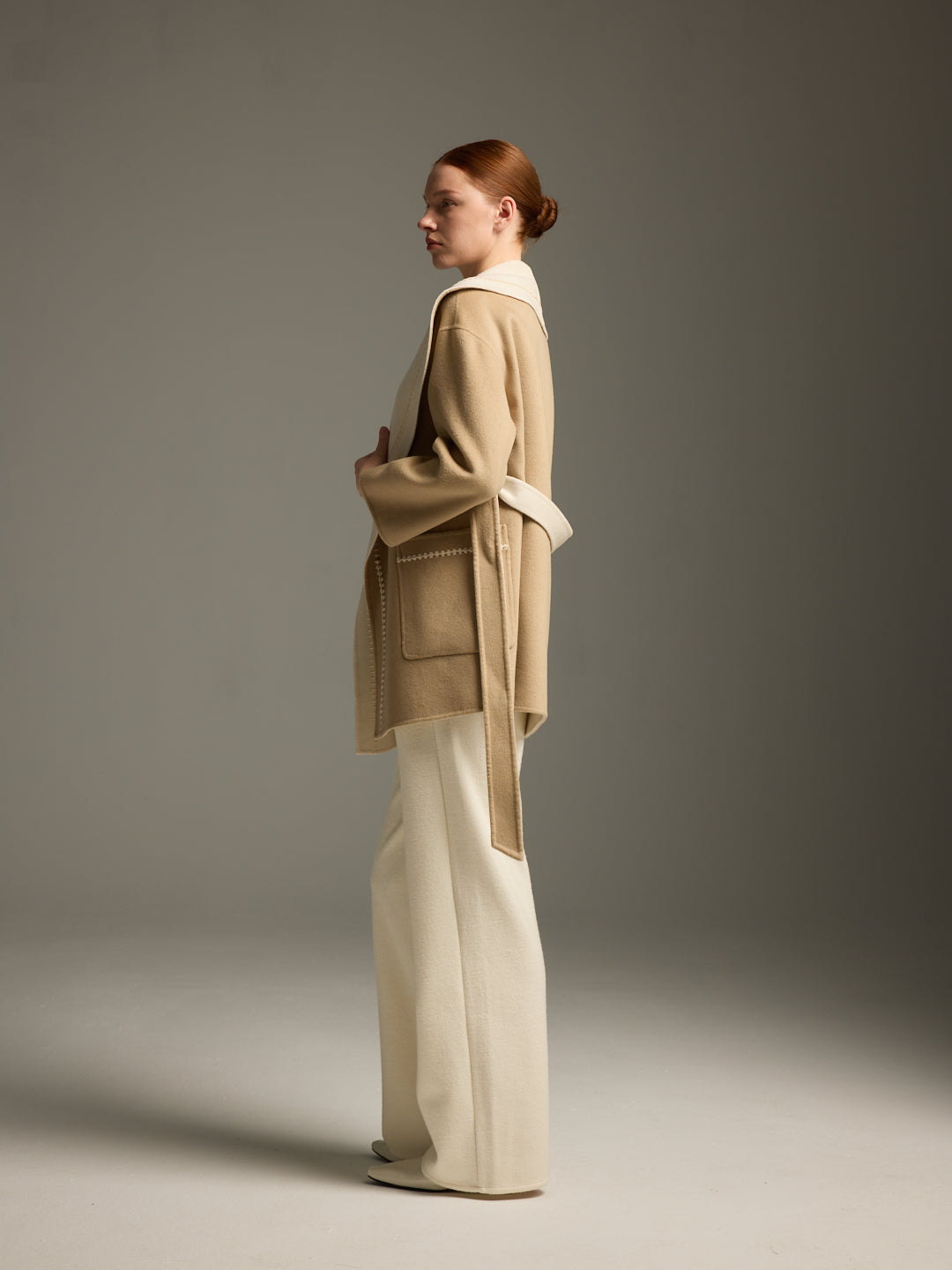 Camel & Cream Wool-Cashmere Belted Wrap Coat
