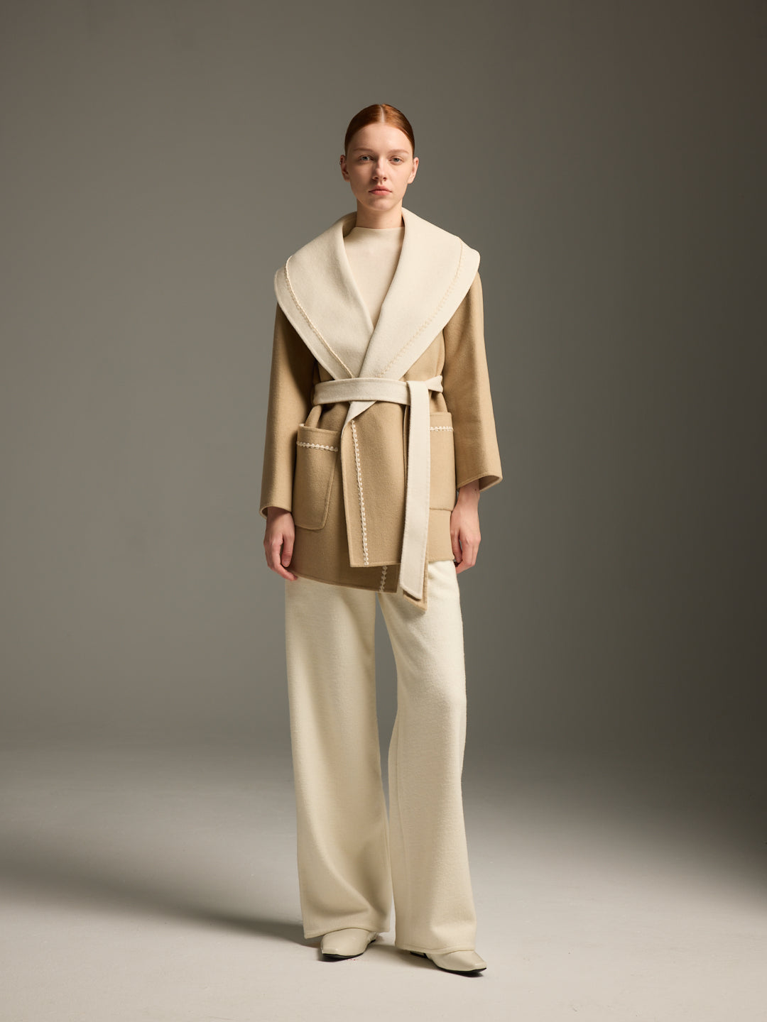 Camel & Cream Wool-Cashmere Belted Wrap Coat