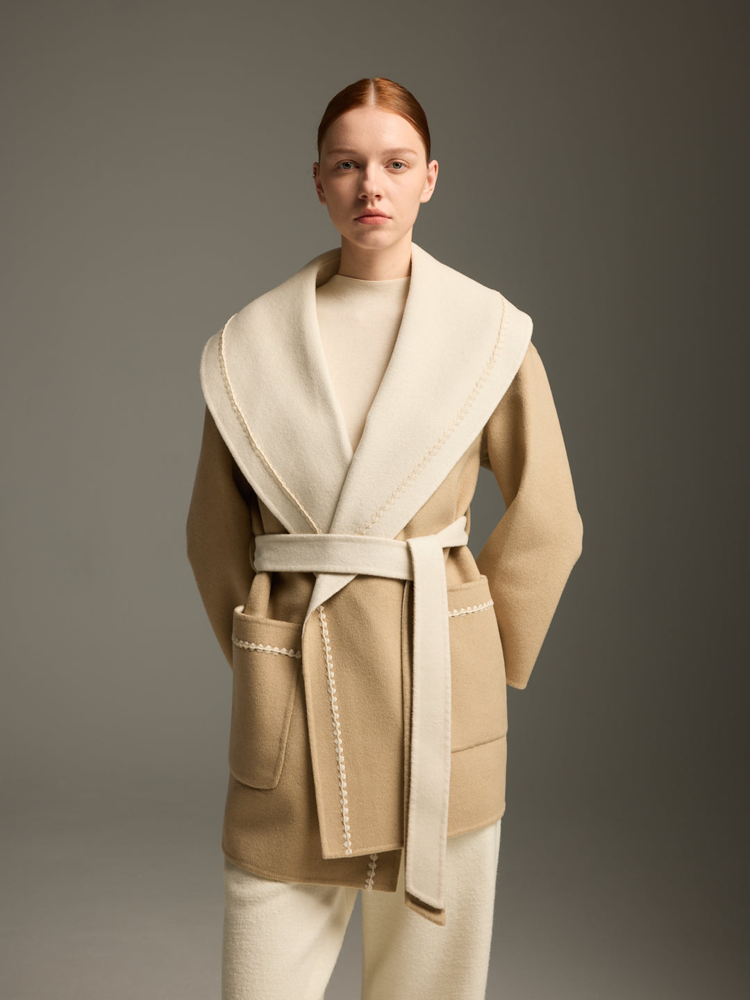 Camel & Cream Wool-Cashmere Belted Wrap Coat