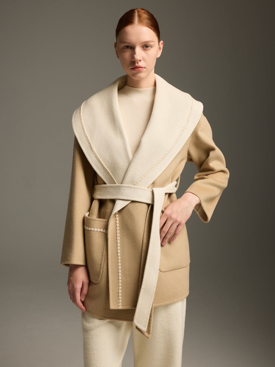 Camel & Cream Wool-Cashmere Belted Wrap Coat