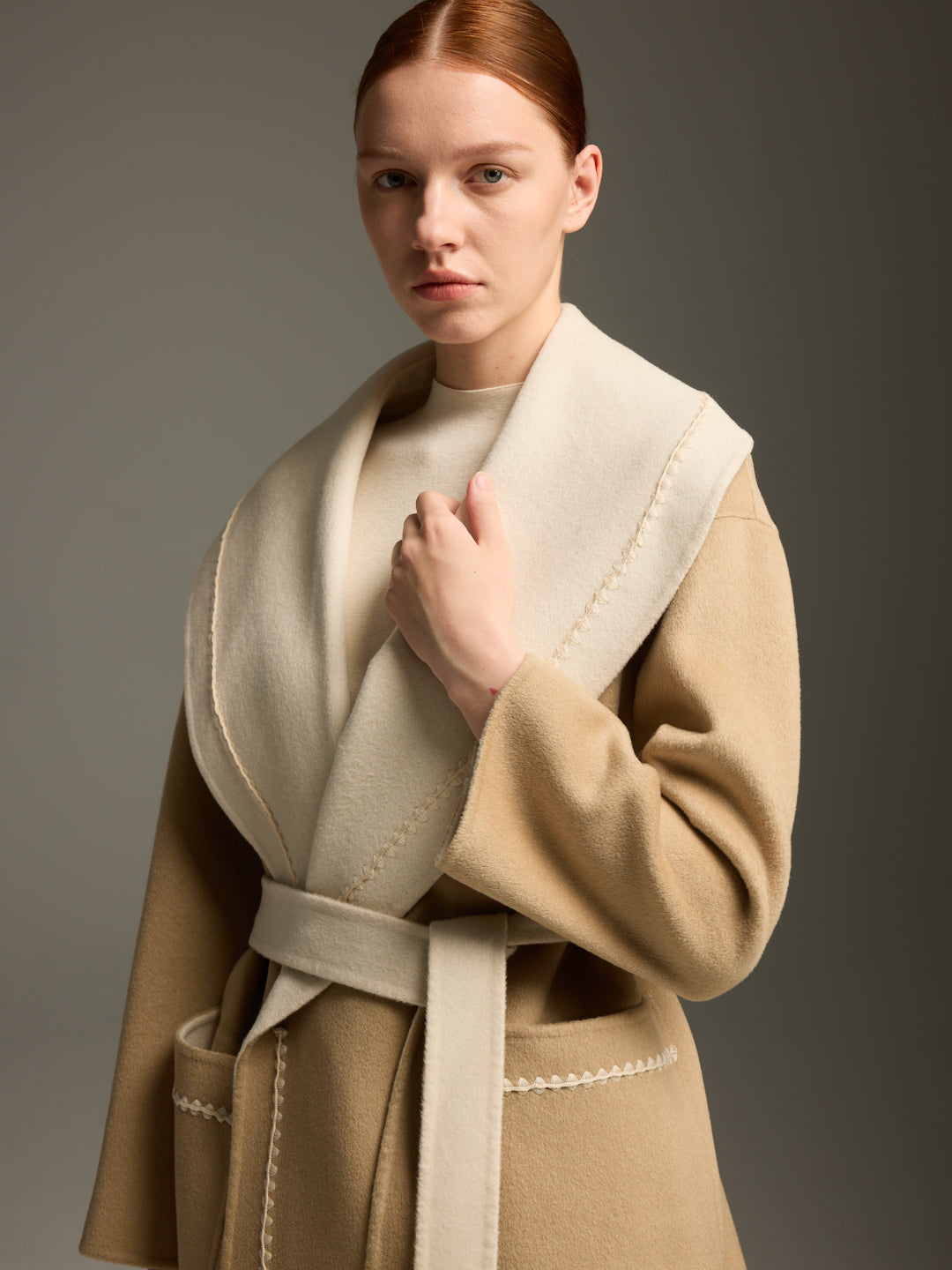 Camel & Cream Wool-Cashmere Belted Wrap Coat