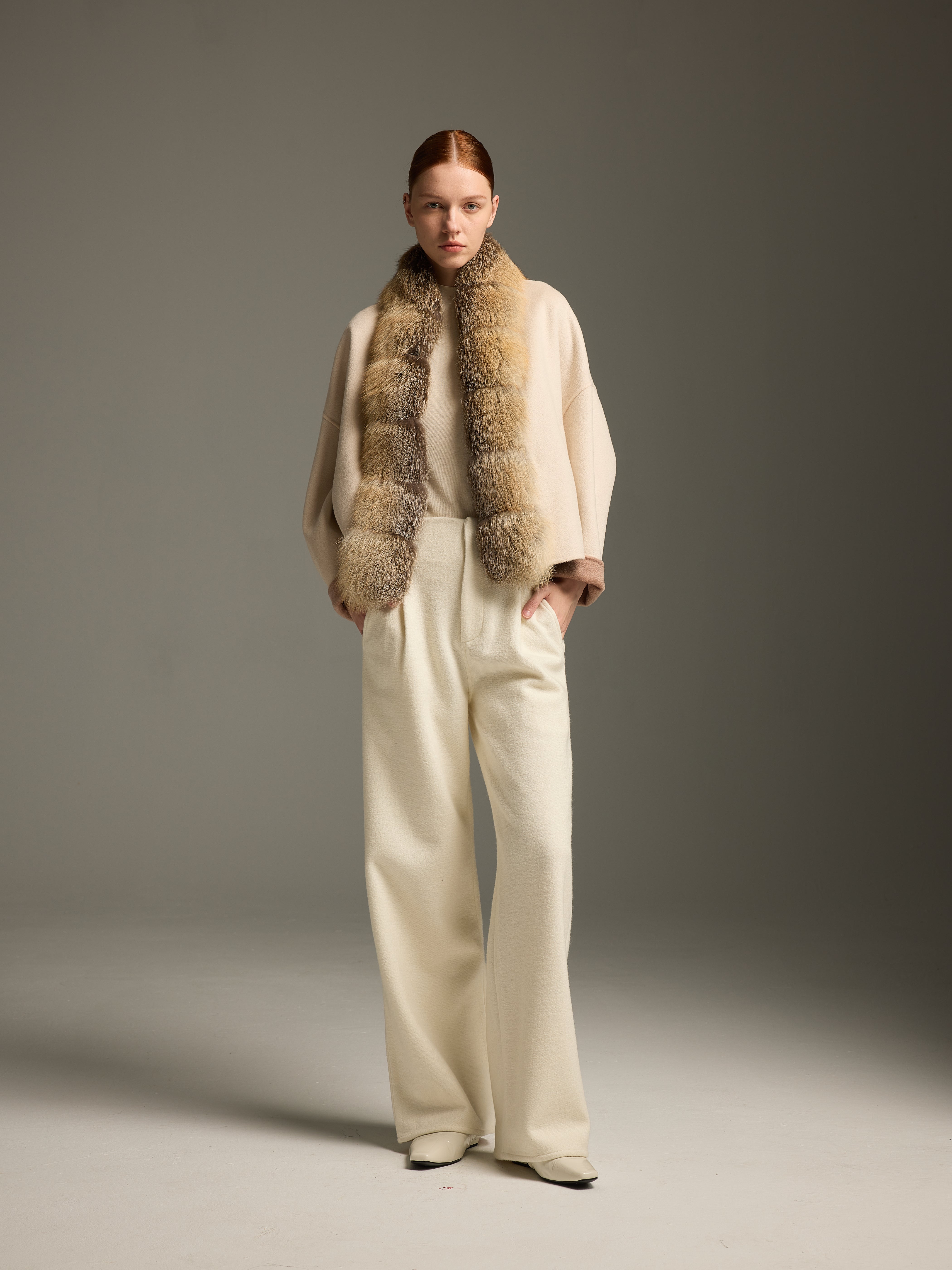 Beige Fox Wool-Cashmere Sculpted Jacket
