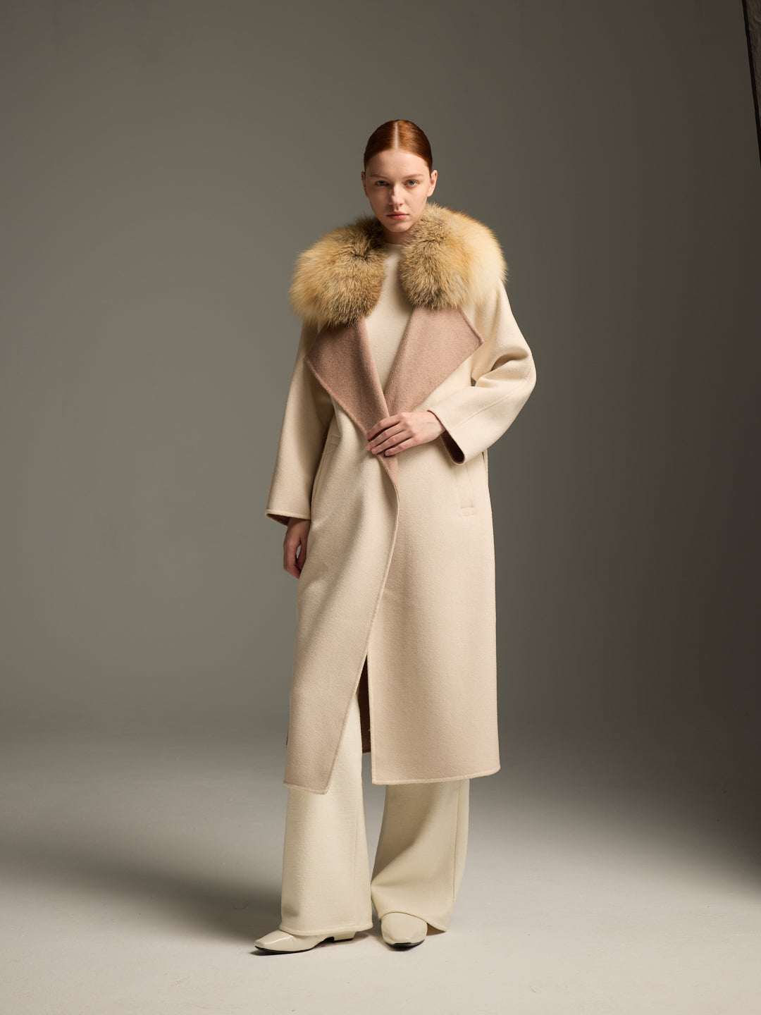 Beige Fox Fur Long Coat