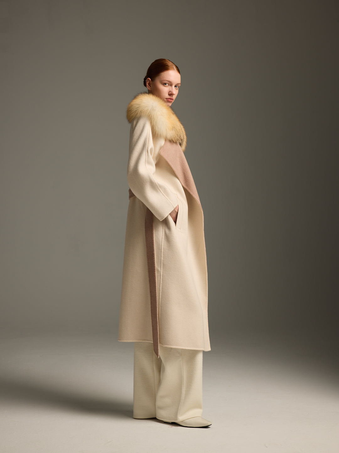 Beige Fox Fur Long Coat
