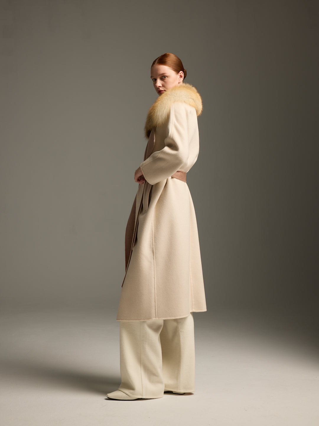 Beige Fox Fur Long Coat