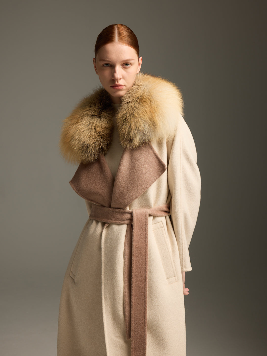 Beige Fox Fur Long Coat