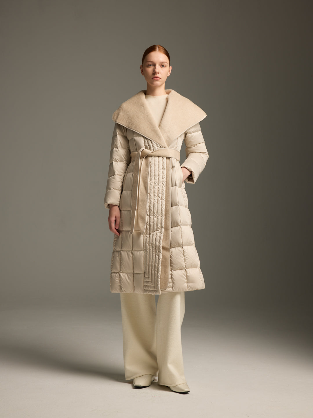 Detachable Wool-Silk Scarf Long Down Jacket