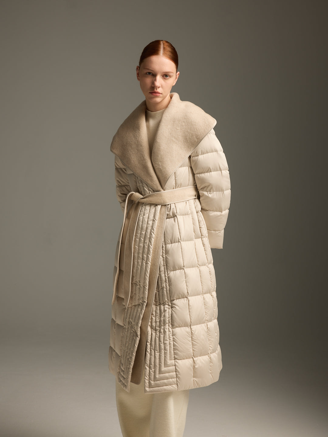Detachable Wool-Silk Scarf Long Down Jacket
