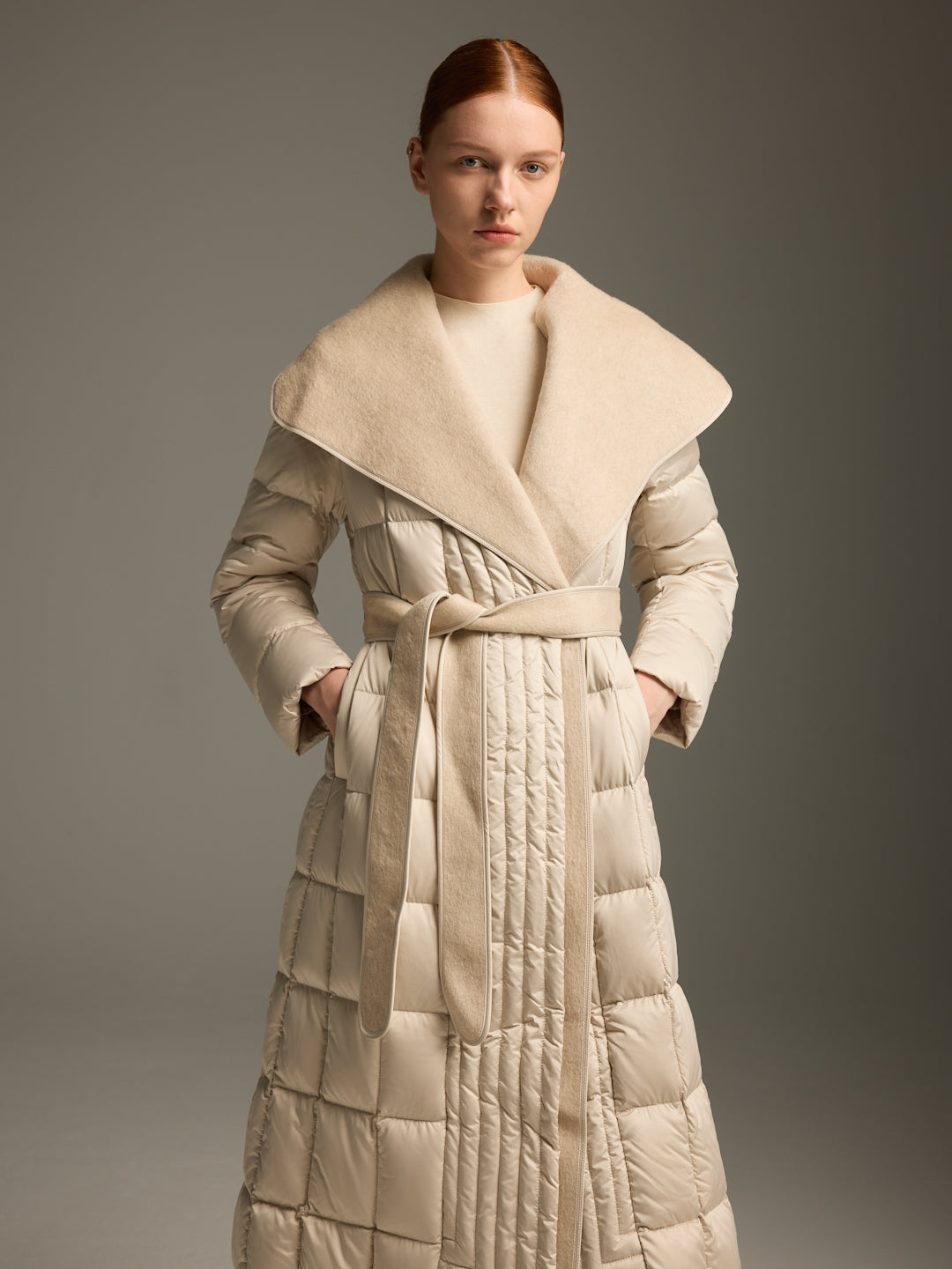 Detachable Wool-Silk Scarf Long Down Jacket