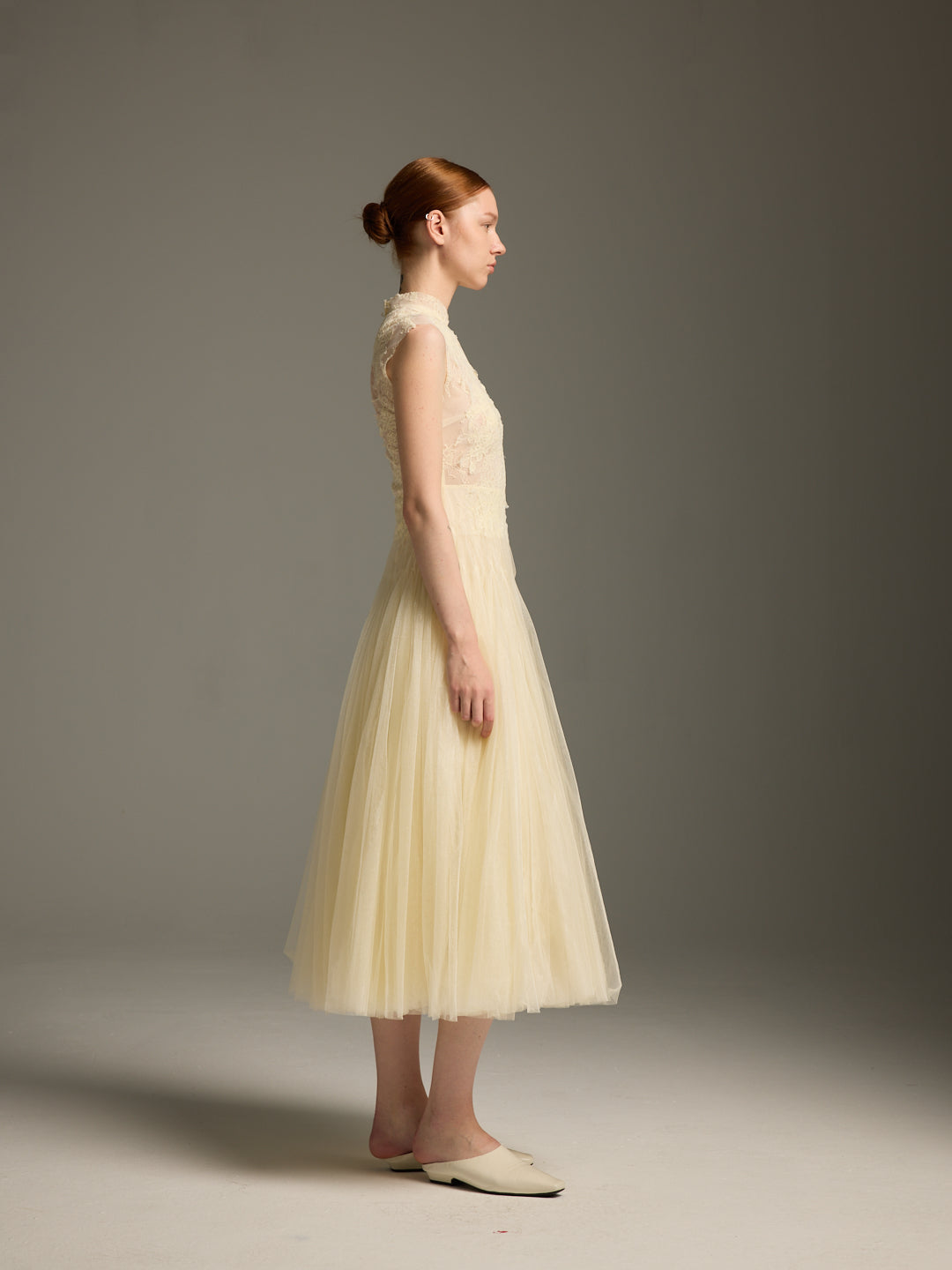 Cream Lace & Tulle Midi Evening Dress