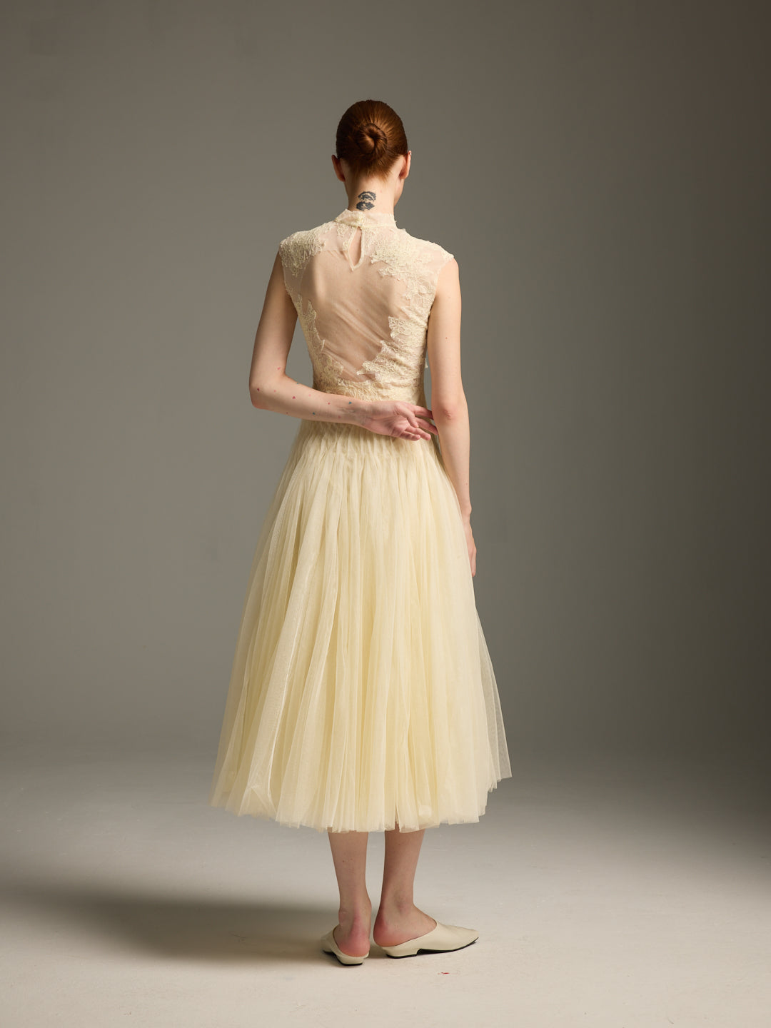 Cream Lace & Tulle Midi Evening Dress