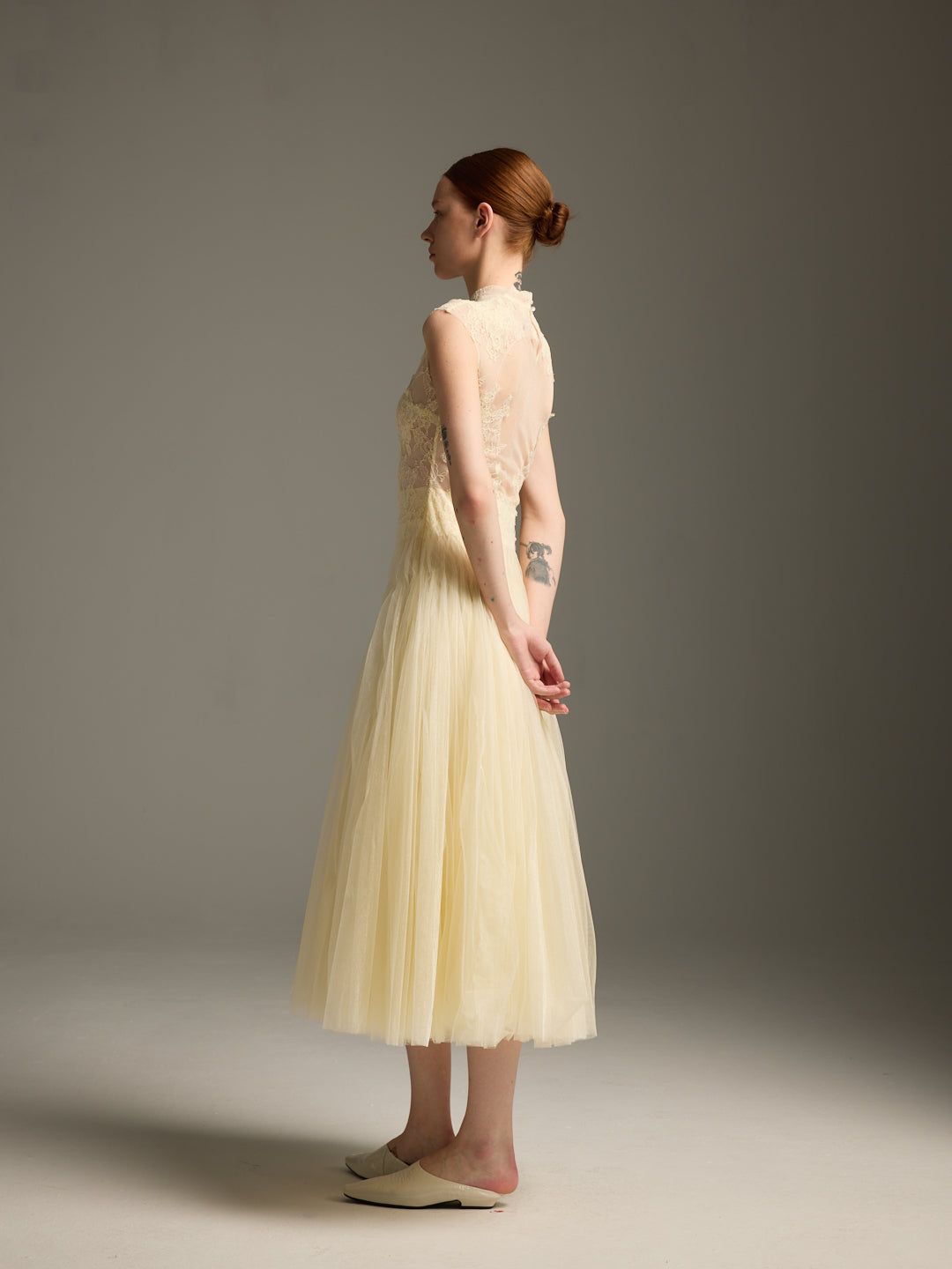 Cream Lace & Tulle Midi Evening Dress