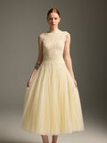 Cream Lace & Tulle Midi Evening Dress