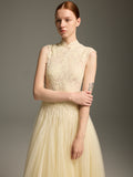 Cream Lace & Tulle Midi Evening Dress