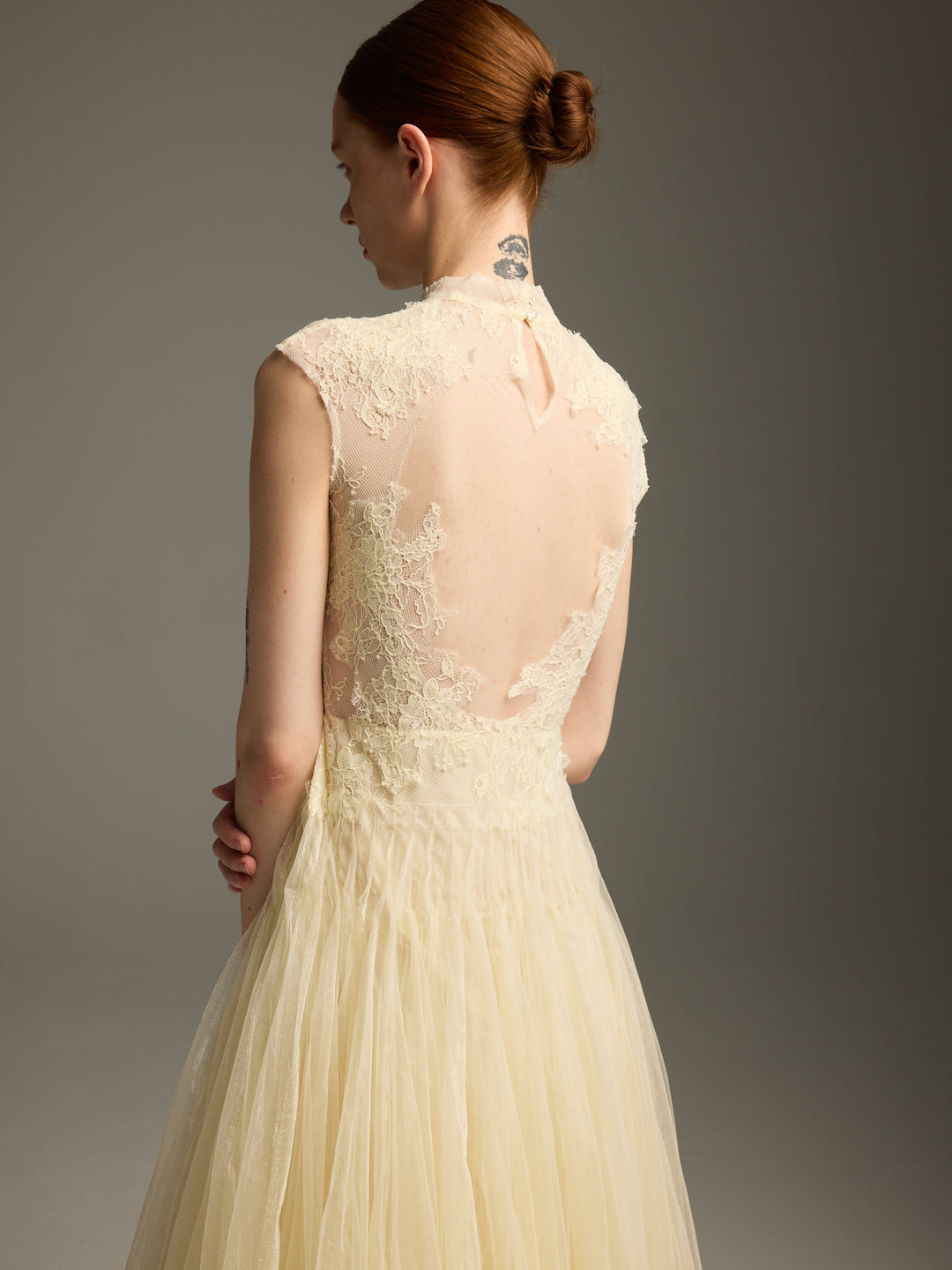 Cream Lace & Tulle Midi Evening Dress