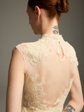 Cream Lace & Tulle Midi Evening Dress