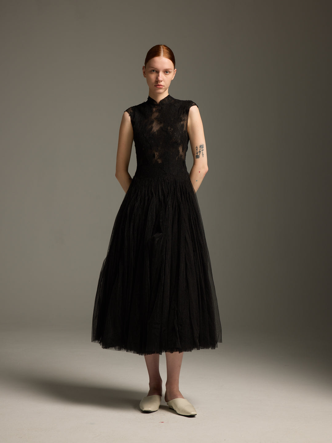 Black Lace & Tulle Midi Evening Dress
