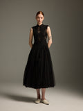 Black Lace & Tulle Midi Evening Dress