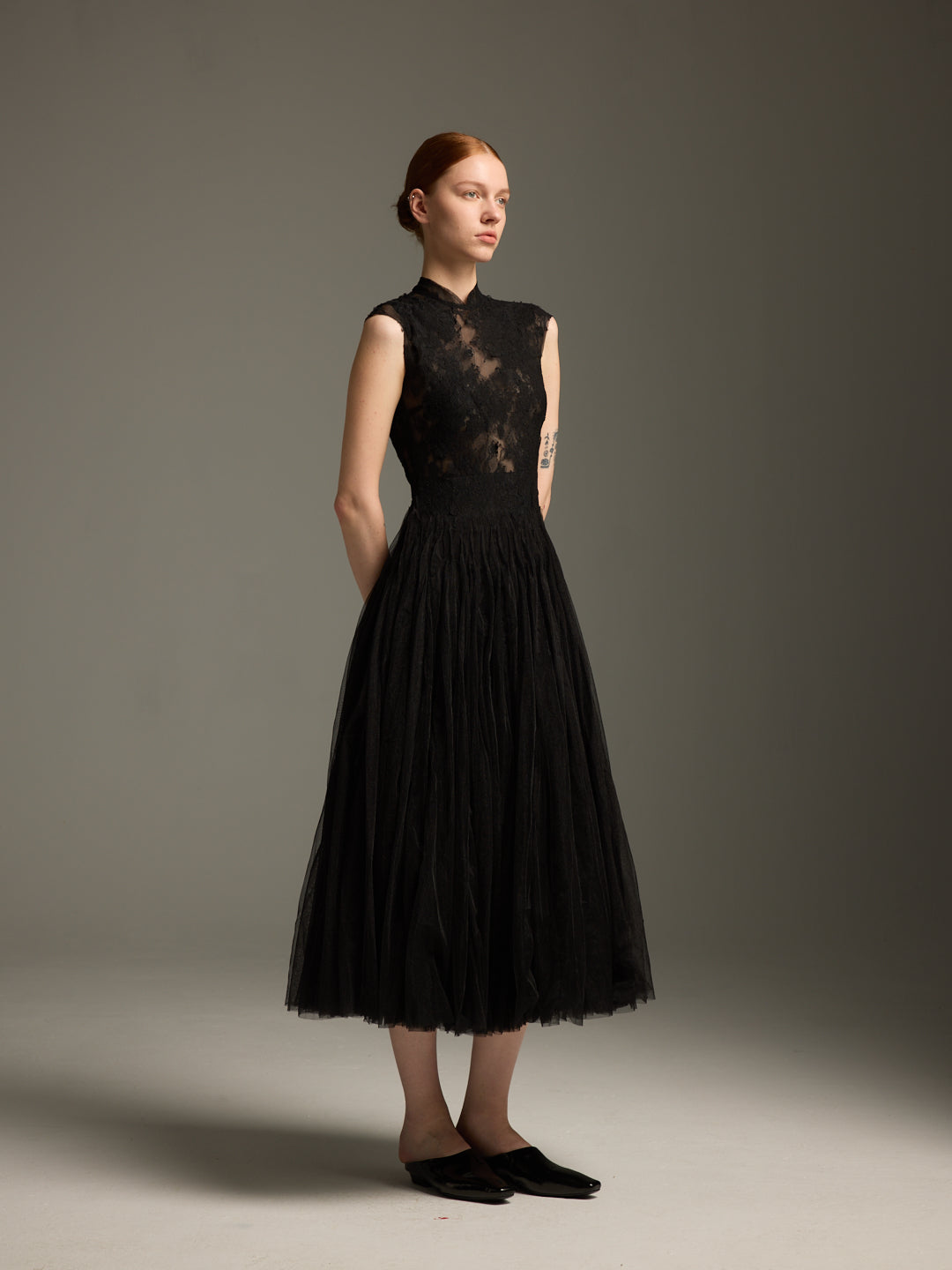 Black Lace & Tulle Midi Evening Dress