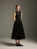 Black Lace & Tulle Midi Evening Dress