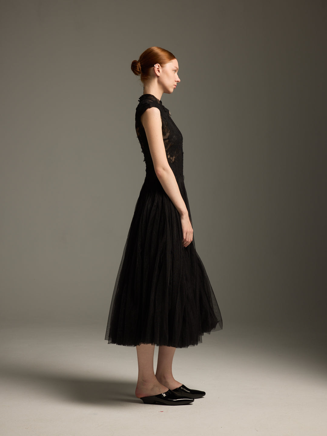 Black Lace & Tulle Midi Evening Dress