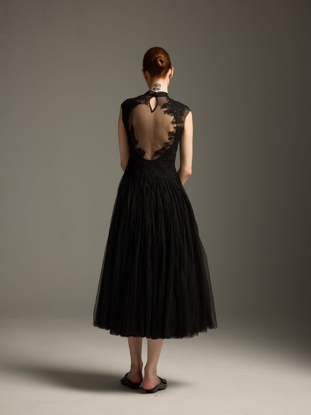 Black Lace & Tulle Midi Evening Dress