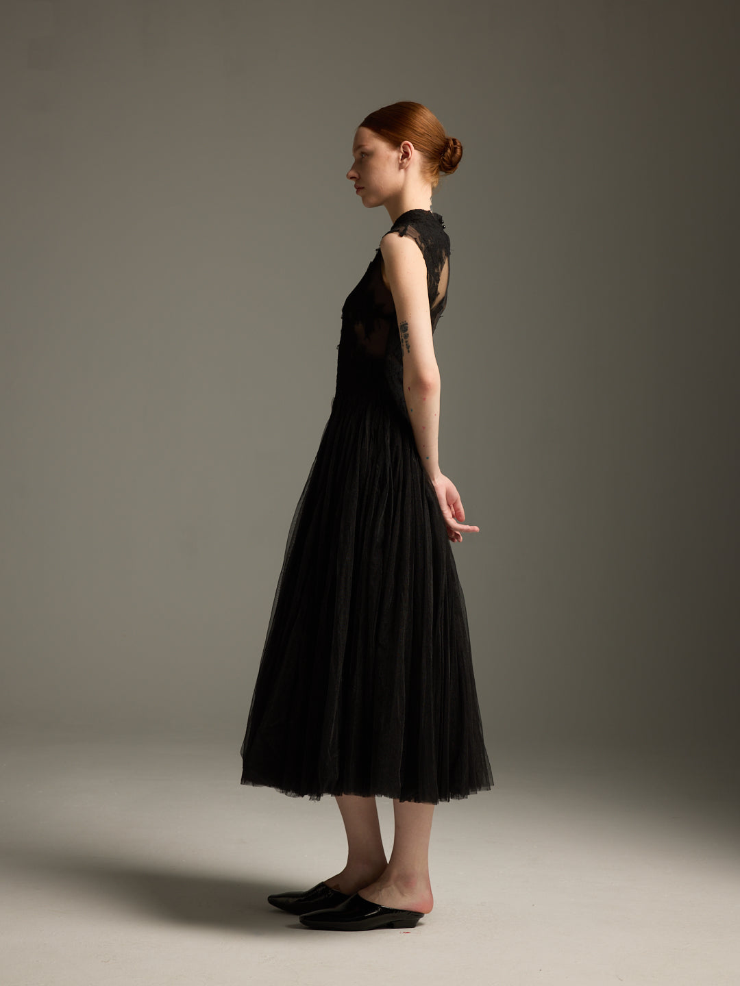 Black Lace & Tulle Midi Evening Dress