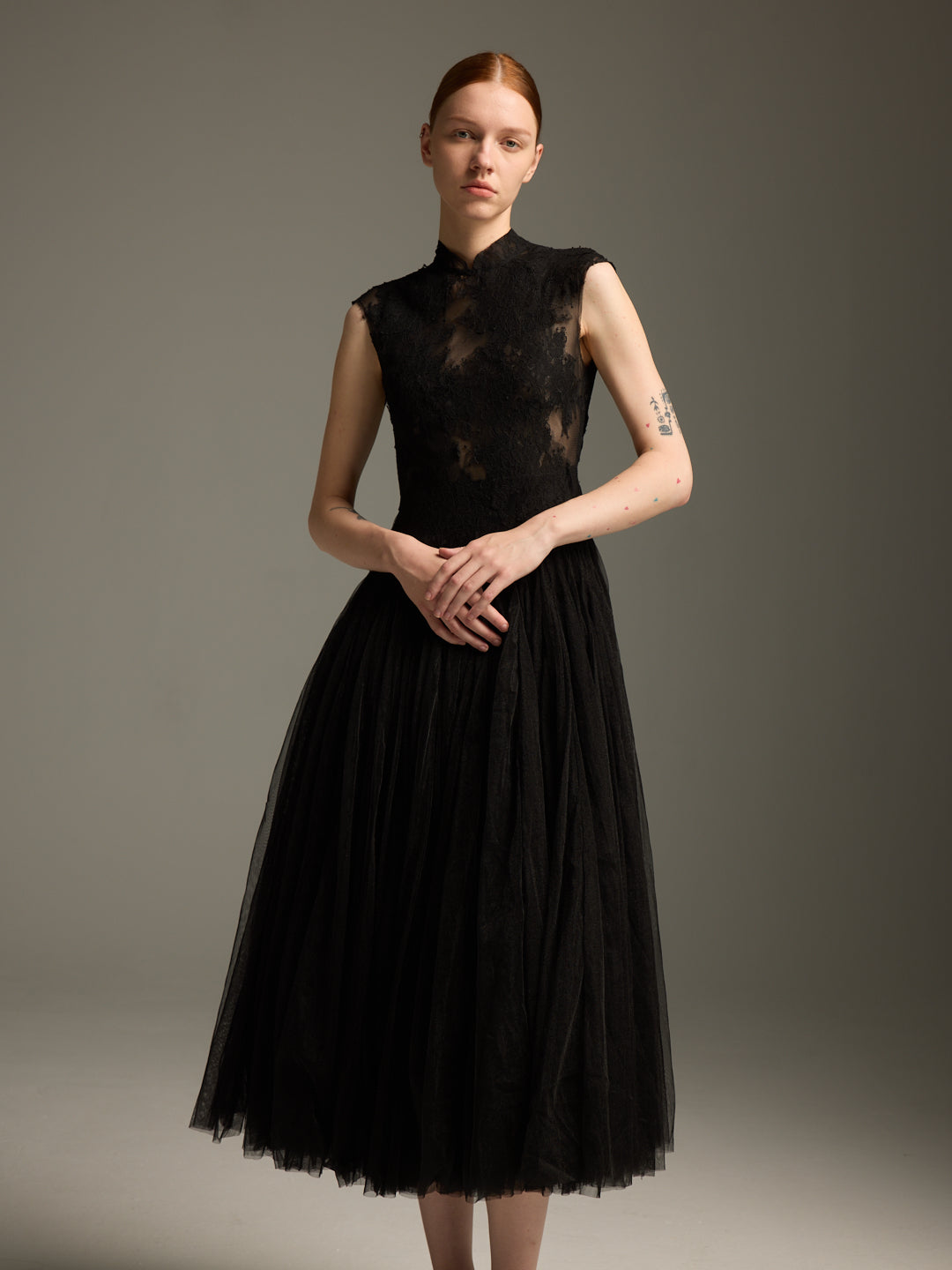 Black Lace & Tulle Midi Evening Dress