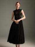 Black Lace & Tulle Midi Evening Dress