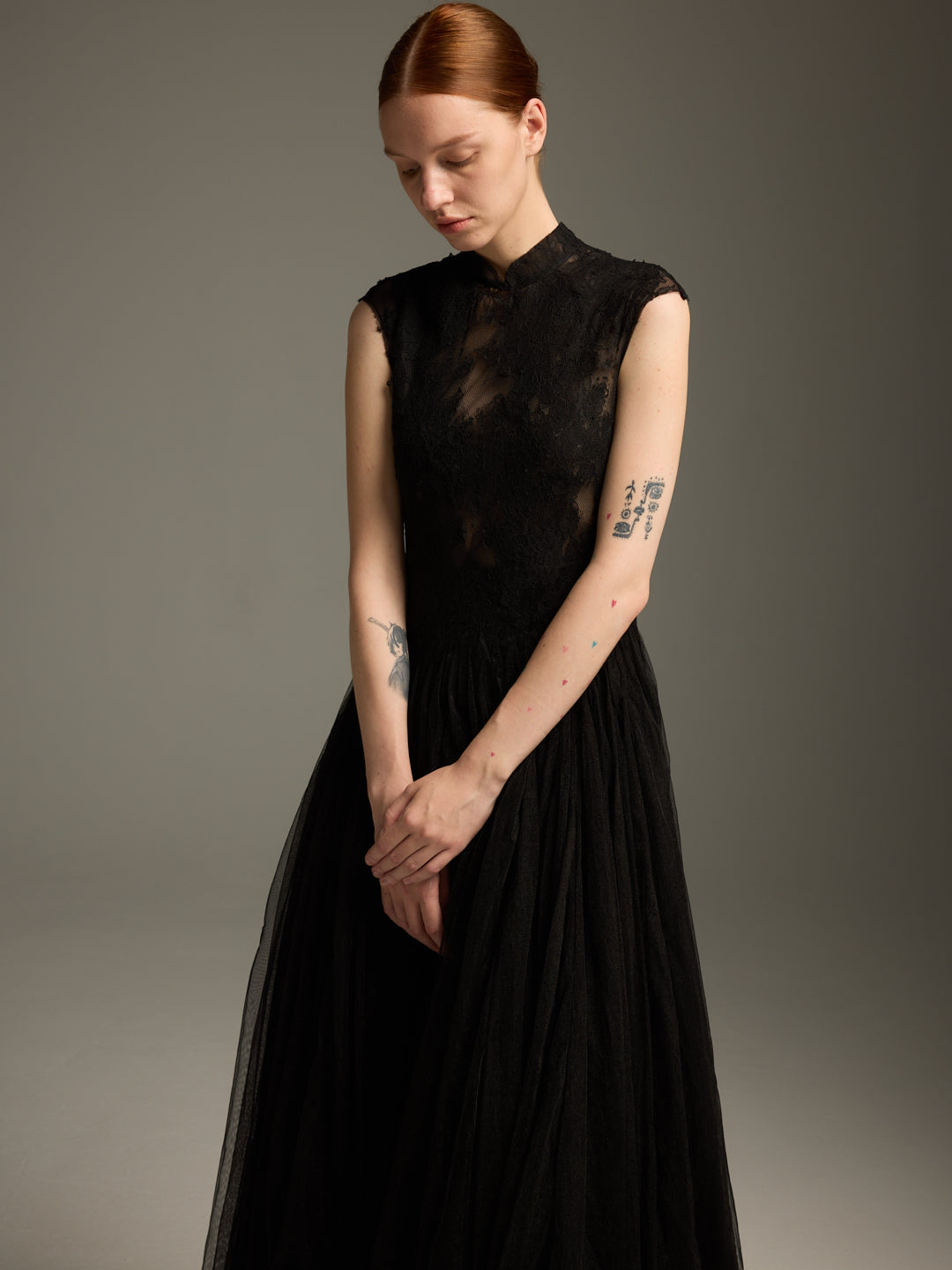 Black Lace & Tulle Midi Evening Dress