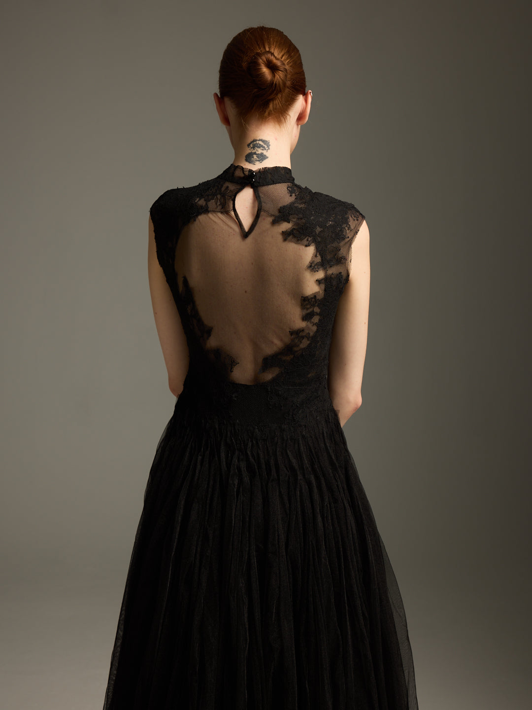 Black Lace & Tulle Midi Evening Dress