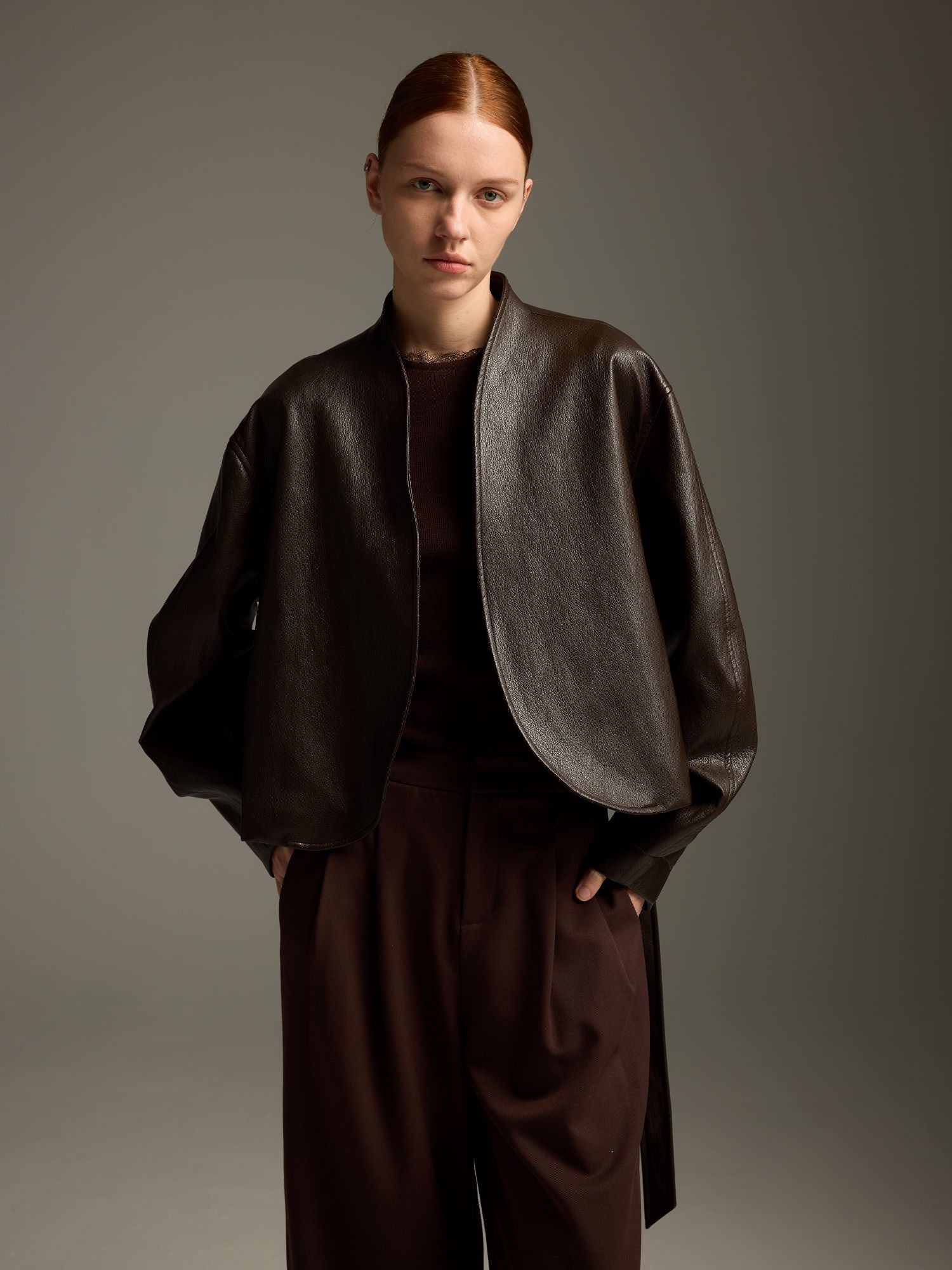 Modern Oriental Vegan Leather Wrap Jacket