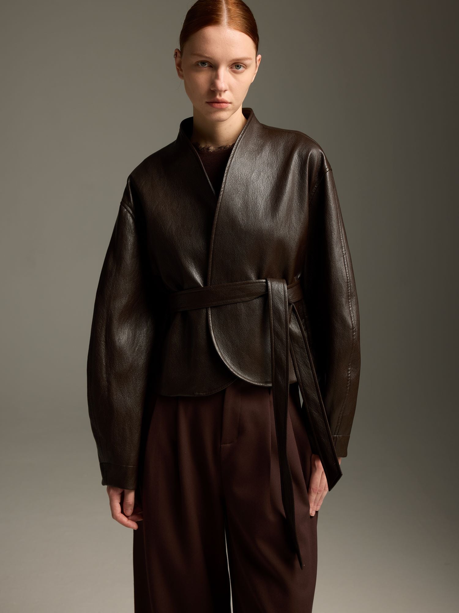 Modern Oriental Vegan Leather Wrap Jacket