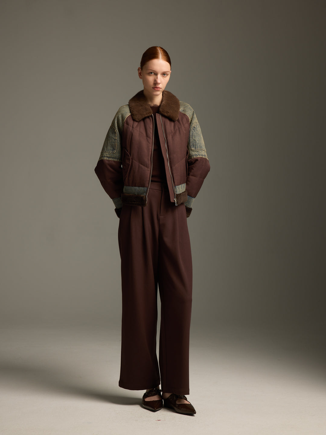 Down Jacket with Mink Collar & Denim Patchwork