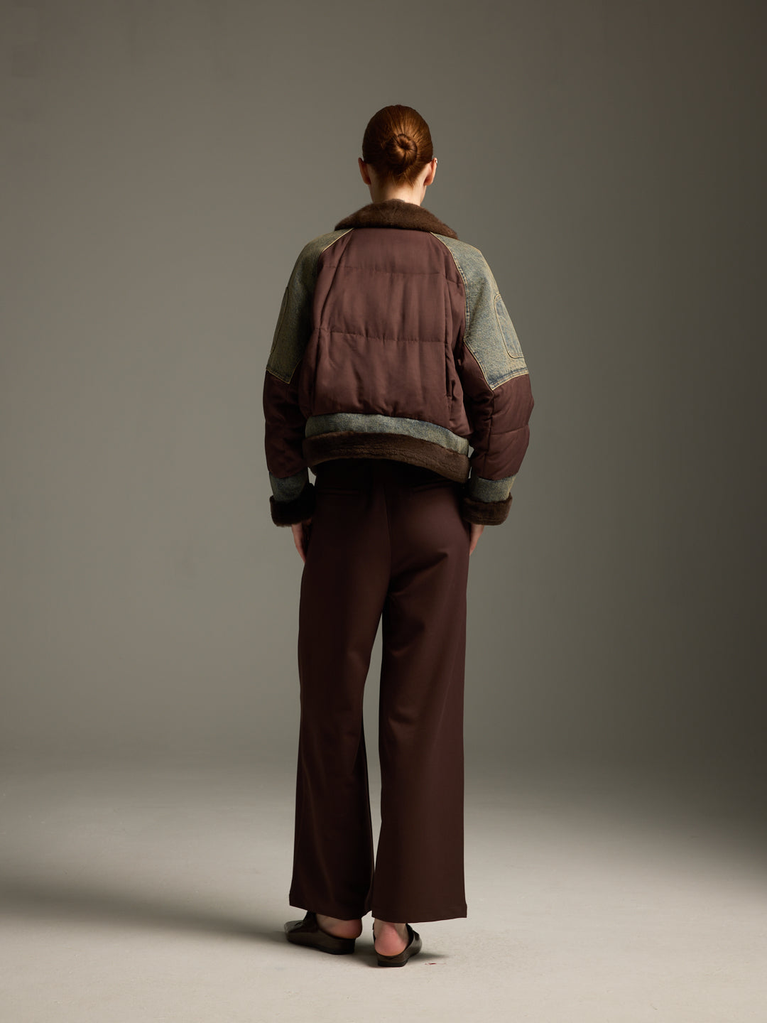 Down Jacket with Mink Collar & Denim Patchwork