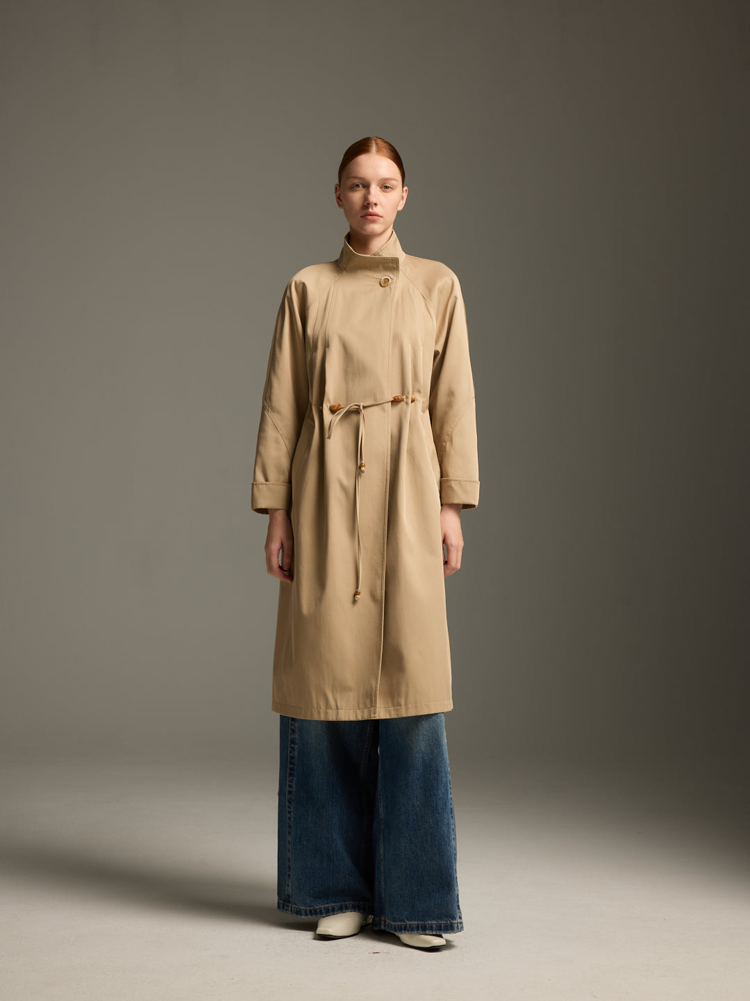 Beige Wool-Blend Trench Coat with Drawstring Waist
