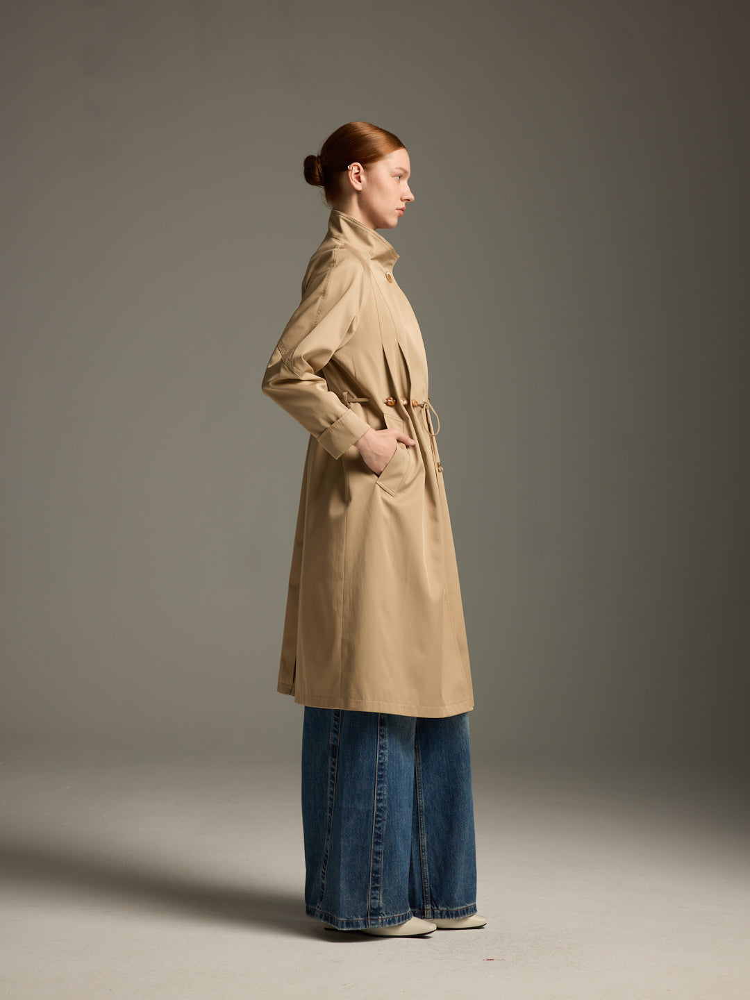 Beige Wool-Blend Trench Coat with Drawstring Waist