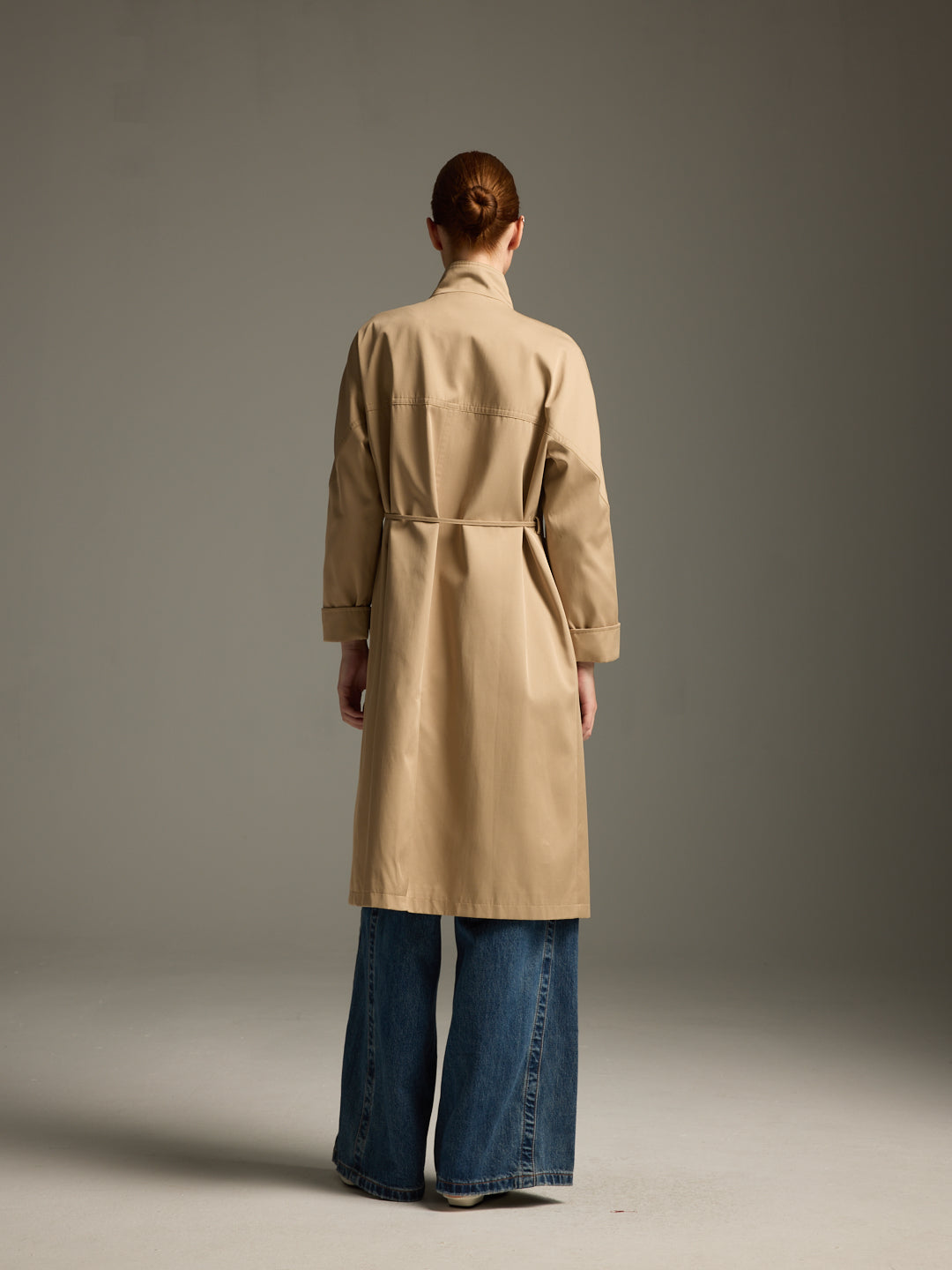 Beige Wool-Blend Trench Coat with Drawstring Waist